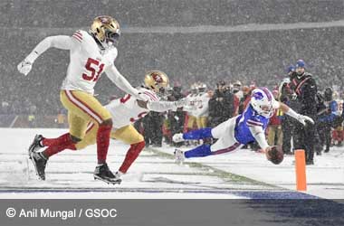 Josh Allen dives toward the end zone against the San Francisco 49ers to claim the 2024 AFC East title 